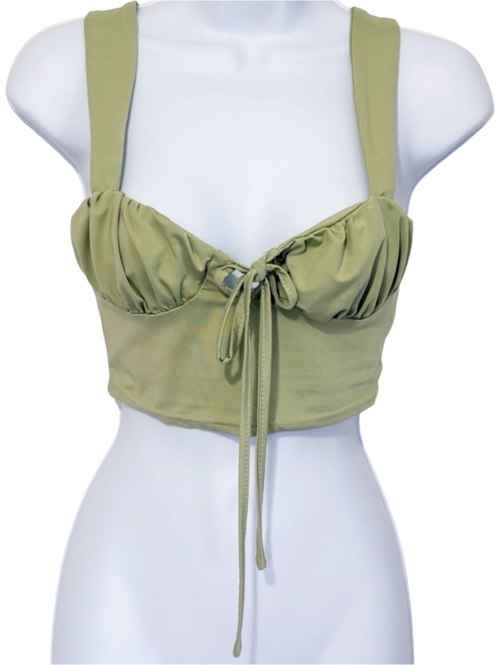 Zaful Green Ruched Corset Crop Top Small Tie Front Bustier Y2K